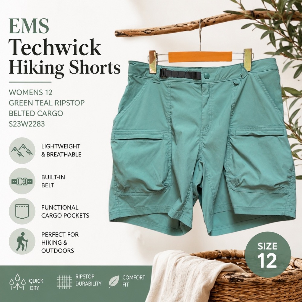 EMS Techwick Hiking Shorts Womens 12 Green Teal Ripstop Belted Cargo S23W2283